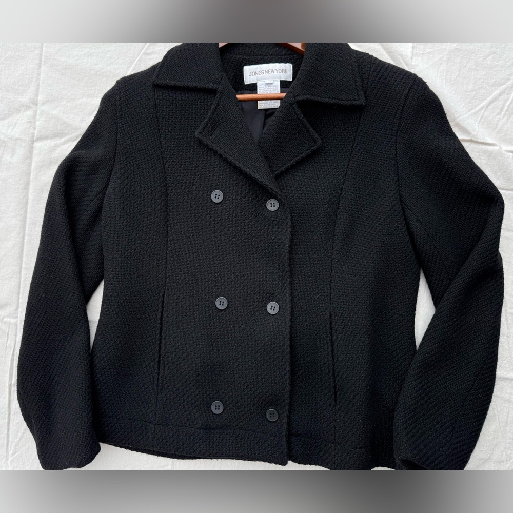 Jones New York Wool Peacoat 10 Black Classic Short Double Breasted Coat Tweed